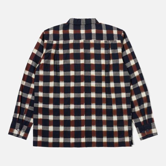  유니버셜웍스 긴팔 셔츠 유니버셜 웍스 롱/S 유틸리티  네이비/브라운 체크 이캇 - UNIVERSAL WORKS