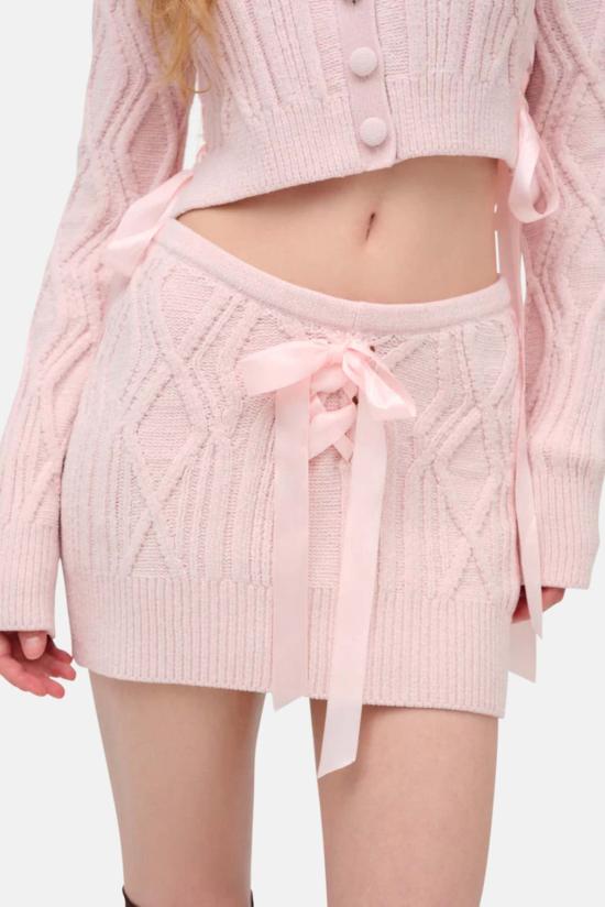  포러브앤레몬스 숏 스커트 For Love & Lemons 셰닐 케이블 니트 미니 스커트 핑크 - FOR LOVE & LEMONS
