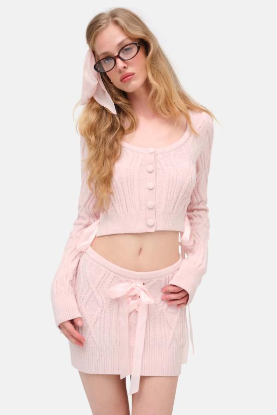  포러브앤레몬스 숏 스커트 For Love & Lemons 셰닐 케이블 니트 미니 스커트 핑크