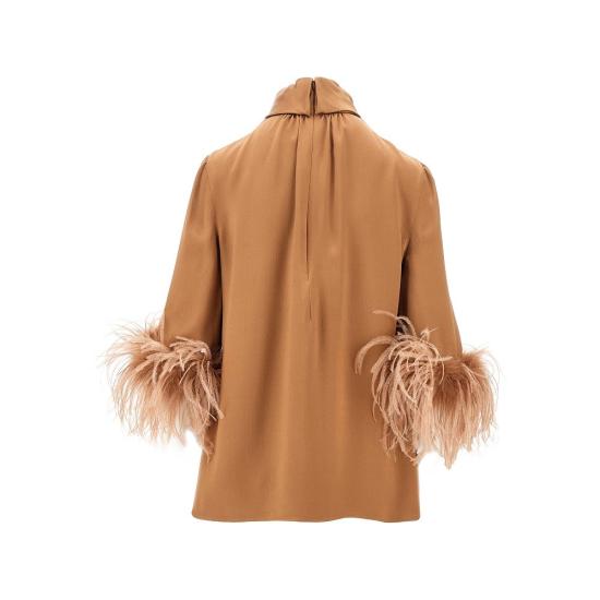  돌체앤가바나 블라우스 DOLCE & GABBANA 깃털이 달린 더블 새틴 블라우스 여성 브라운 - DOLCE & GABBANA