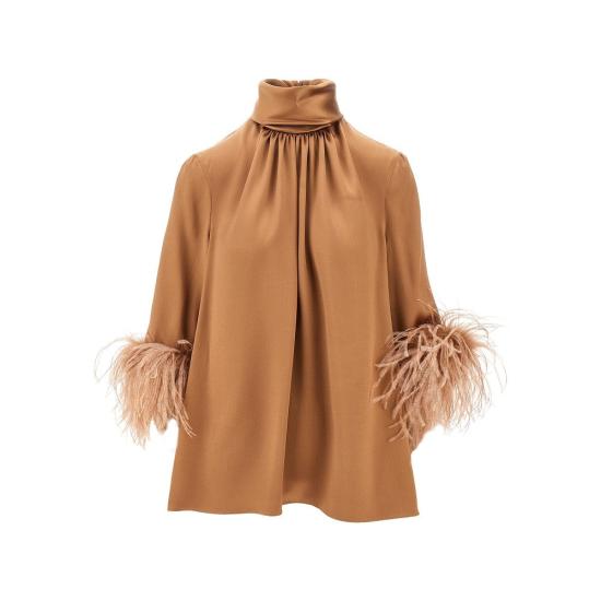  돌체앤가바나 블라우스 DOLCE & GABBANA 깃털이 달린 더블 새틴 블라우스 여성 브라운