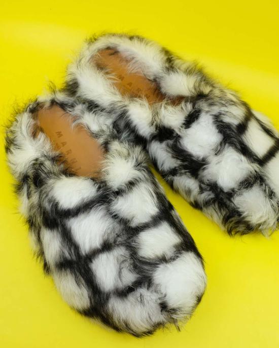  마르니 뮬/슬리퍼 Marni 블랙 & 화이트 체크 롱헤어 카프스킨 모헤어 슬라이드