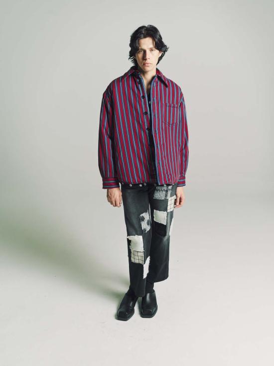  마르니 긴팔 셔츠 레드 & 네이비 스트라이프 퍼퍼 재킷 - MARNI