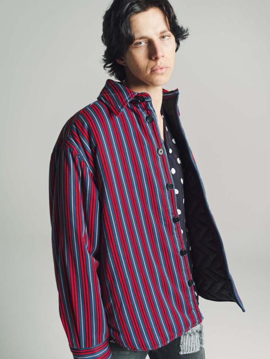  마르니 긴팔 셔츠 레드 & 네이비 스트라이프 퍼퍼 재킷 - MARNI