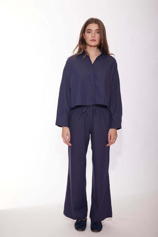  블루&크림 셔츠 샤또 트윌 크롭 셔츠 네이비