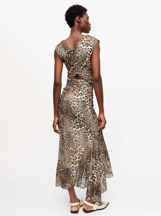  가니 롱 원피스 Ganni 롱 셔링 크로스오버 드레스 레오파드 - GANNI