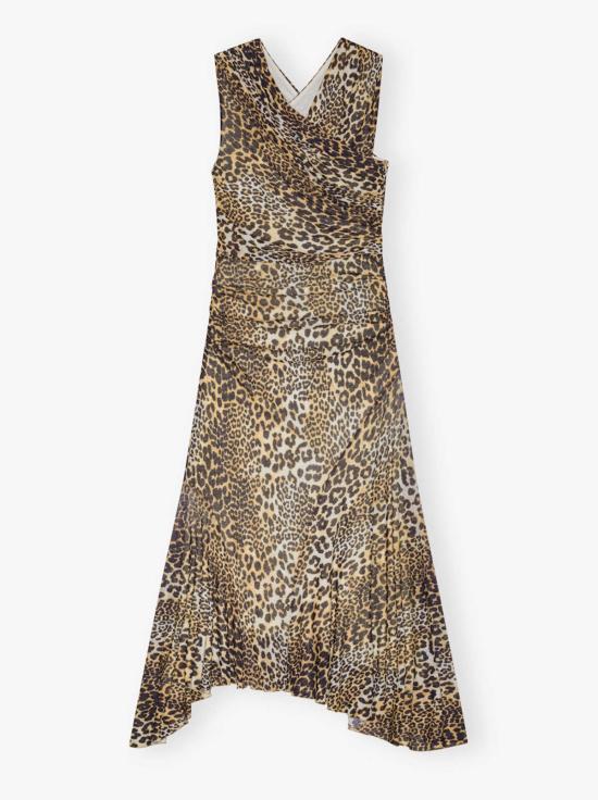  가니 롱 원피스 Ganni 롱 셔링 크로스오버 드레스 레오파드 - GANNI