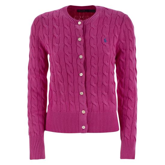 25SS 폴로 랄프로렌 포니 로고 자수 케이블 니트 크루넥 가디건  211891643 FUCHSIA