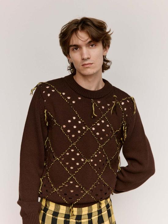  나마체코 스웨터 브라운 메리노 울 인타르시아 퀼트 크루넥 - NAMACHEKO