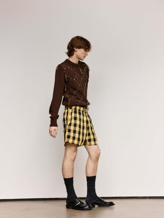  나마체코 스웨터 브라운 메리노 울 인타르시아 퀼트 크루넥