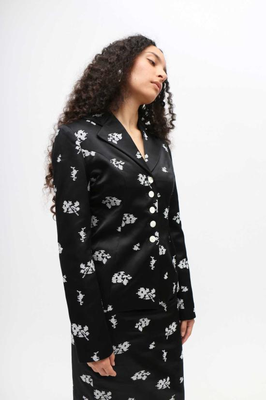  Yuhan Wang 수트 세트 유한왕 플로럴 자수 실크 블레이저 블랙/화이트 - YUHAN WANG