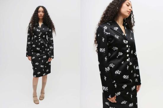  Yuhan Wang 수트 세트 유한왕 플로럴 자수 실크 블레이저 블랙/화이트 - YUHAN WANG