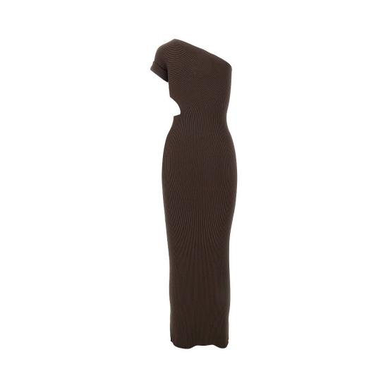  막스마라 롱 원피스 MAX MARA 리브 니트 원숄더 드레스 여성 브라운 - MAX MARA