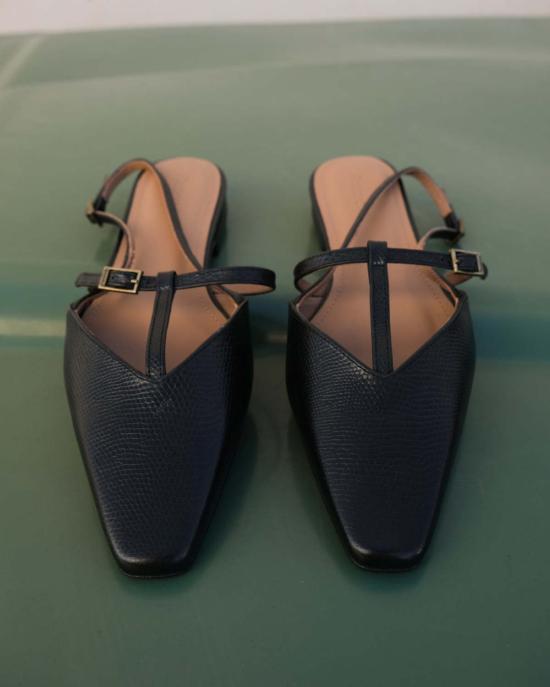  Flattered 뮬/슬리퍼 플래터드 조세핀 리자드 가죽 플랫 블랙 - FLATTERED