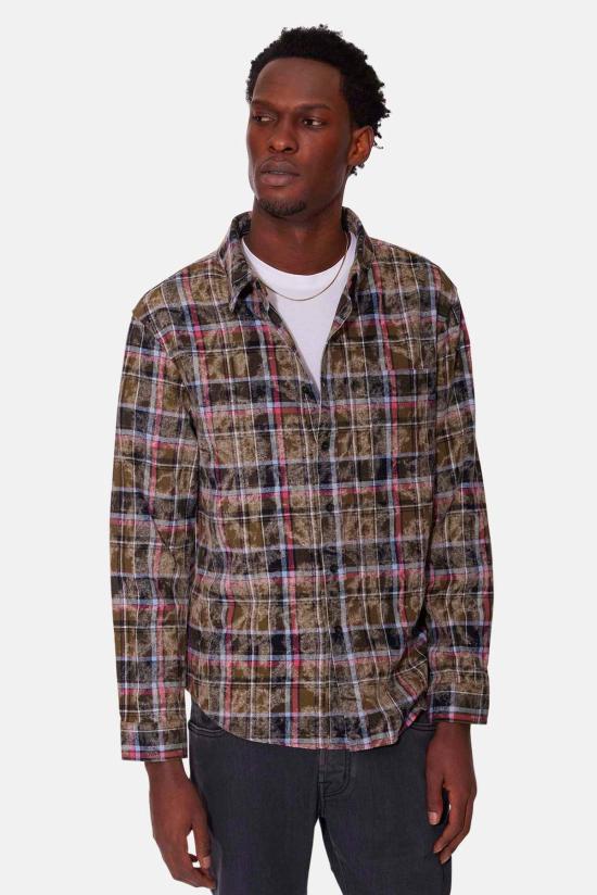  Blue&Cream 긴팔 셔츠 블루&크림 브랜든 디스트레스드 플란넬 다크 올리브 플레드 - BLUE&CREAM