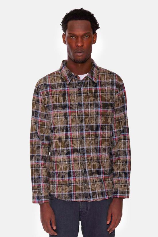  Blue&Cream 긴팔 셔츠 블루&크림 브랜든 디스트레스드 플란넬 다크 올리브 플레드 - BLUE&CREAM