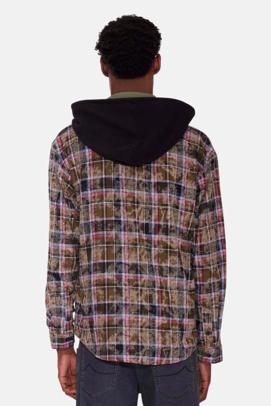  블루&크림 자켓 딜런 디스트레스드 플란넬 셔츠 다크 올리브 플레드 W/ 블랙 후드 - BLUE&CREAM