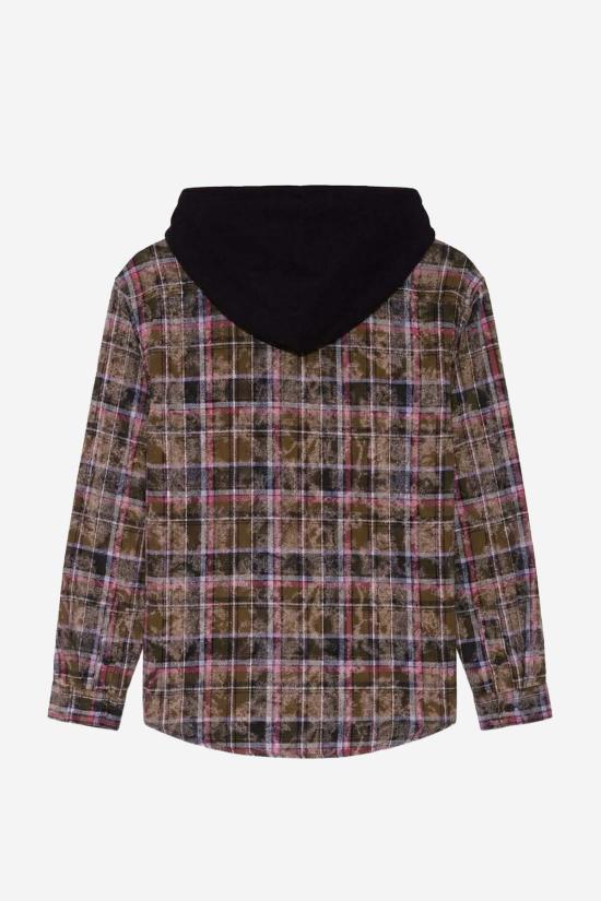  블루&크림 자켓 딜런 디스트레스드 플란넬 셔츠 다크 올리브 플레드 W/ 블랙 후드 - BLUE&CREAM