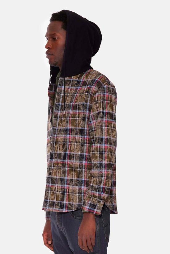  블루&크림 자켓 딜런 디스트레스드 플란넬 셔츠 다크 올리브 플레드 W/ 블랙 후드 - BLUE&CREAM