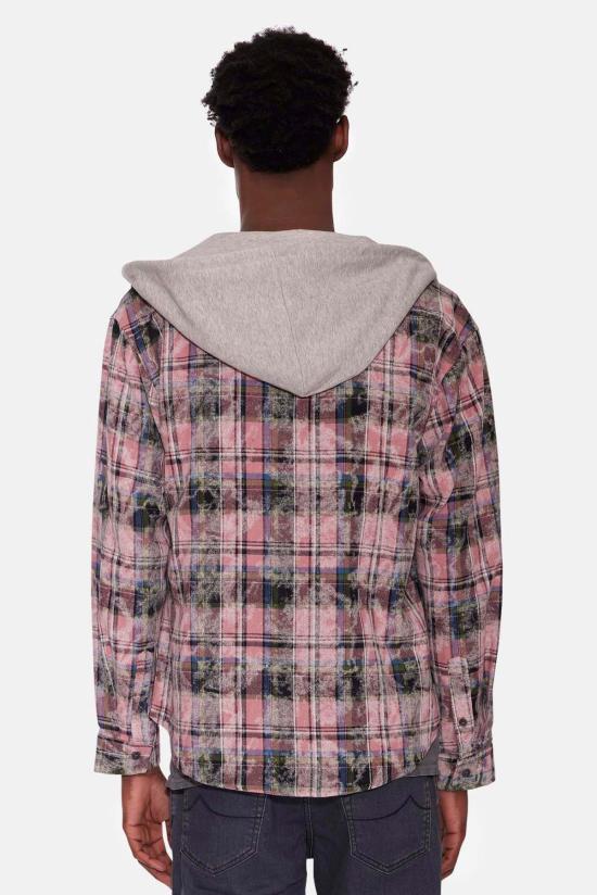  Blue&Cream 긴팔 셔츠 블루&크림 딜런 디스트레스드 플란넬 핑크 플레드, 그레이 후드 - BLUE&CREAM