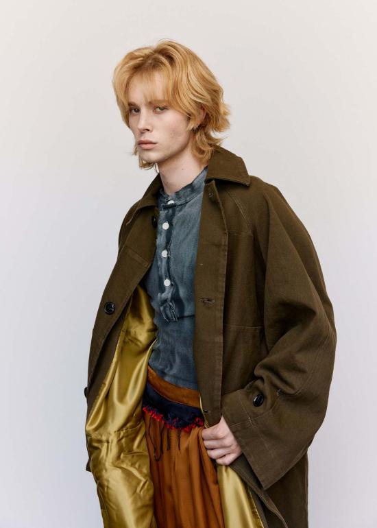  에드워드 커밍 자켓 카키 그린 워시드 코튼 드릴 기모노 슬리브