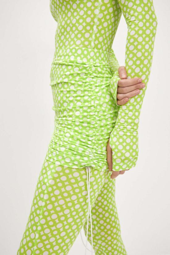  모노수트 바디수트 티셔츠 롱슬리브 터틀넥 풀바디수트 & 티니 타이니 스커트 세트 라임 - MONOSUIT