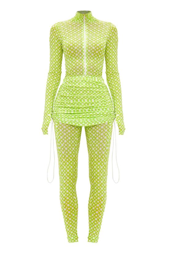  모노수트 바디수트 티셔츠 롱슬리브 터틀넥 풀바디수트 & 티니 타이니 스커트 세트 라임 - MONOSUIT