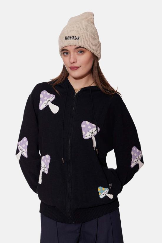  Blue&Cream 후드 티셔츠 블루&크림 머쉬룸 인타르시아 지퍼 후드 블랙/멀티 - BLUE&CREAM