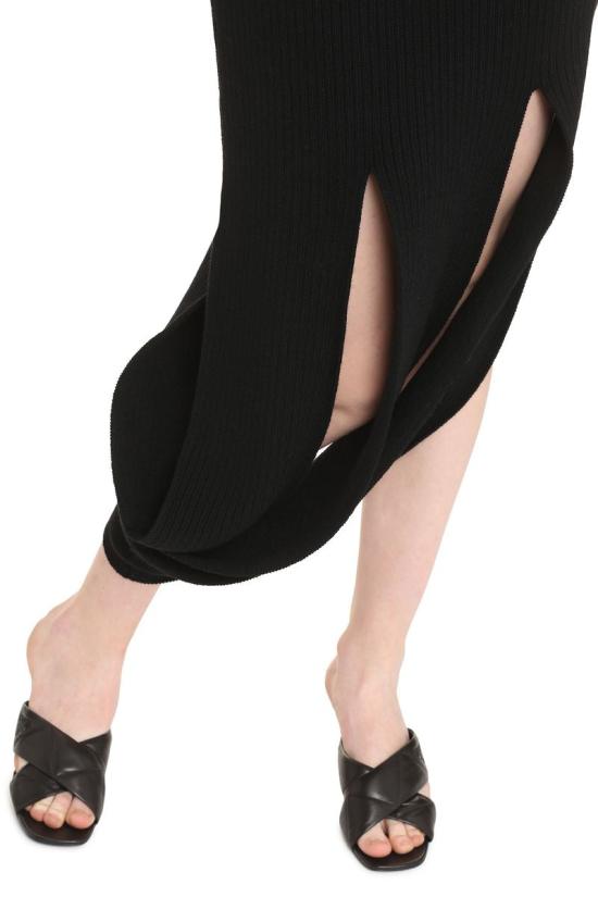  보테가베네타 컷아웃 슬릿 헴 울 하이넥 롱 원피스 664144V0Z90 1000 - BOTTEGA VENETA