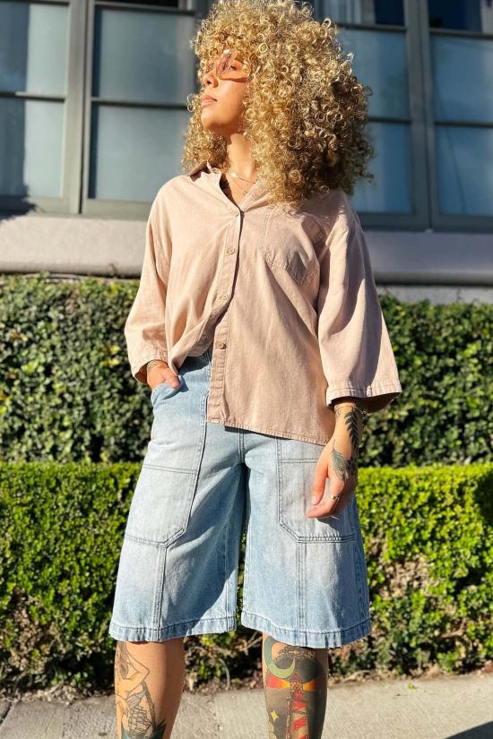  Double Zero 반팔 티셔츠 더블 제로 타라 워븐 버튼 프런트 셔츠 블랙/다크 토프