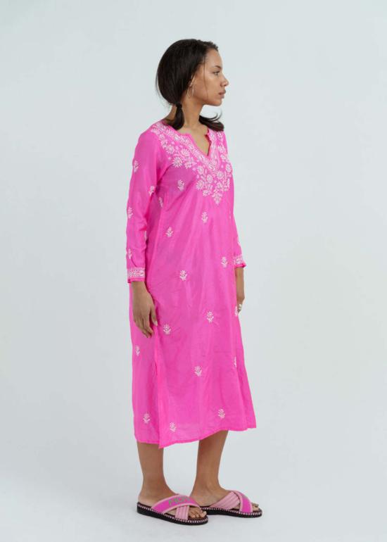  Anandi Joshi 롱 원피스 아난디 조시 스플릿 넥 실크 카프탄 핫 핑크 - OTHER BRANDS