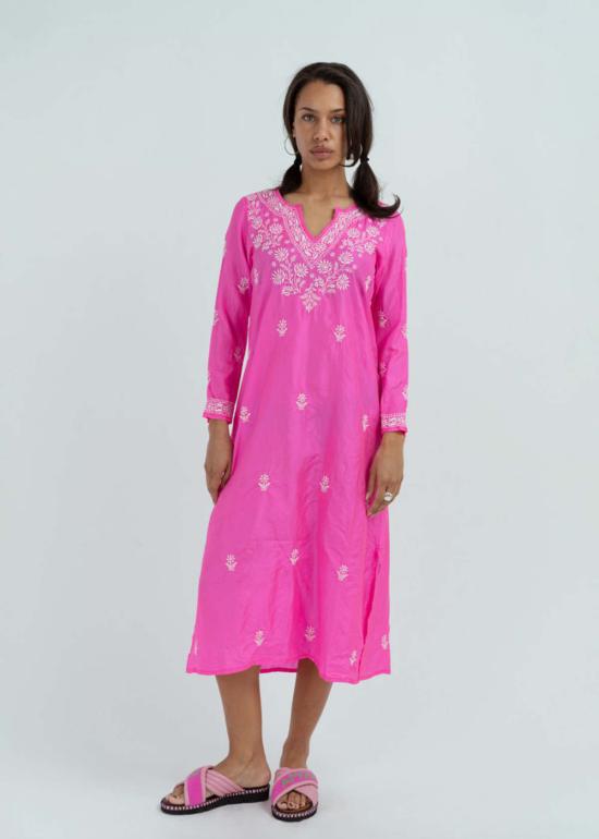  Anandi Joshi 롱 원피스 아난디 조시 스플릿 넥 실크 카프탄 핫 핑크 - OTHER BRANDS