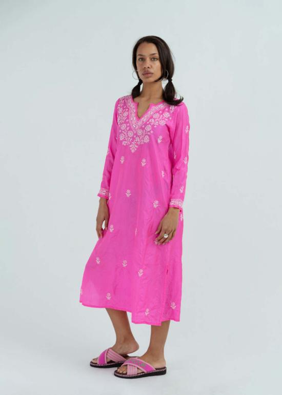  Anandi Joshi 롱 원피스 아난디 조시 스플릿 넥 실크 카프탄 핫 핑크 - OTHER BRANDS