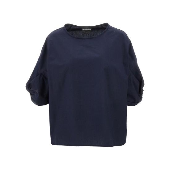  엠포리오 아르마니 블라우스 EMPORIO ARMANI 트위스트 슬리브 팝린 블라우스 여성 블루