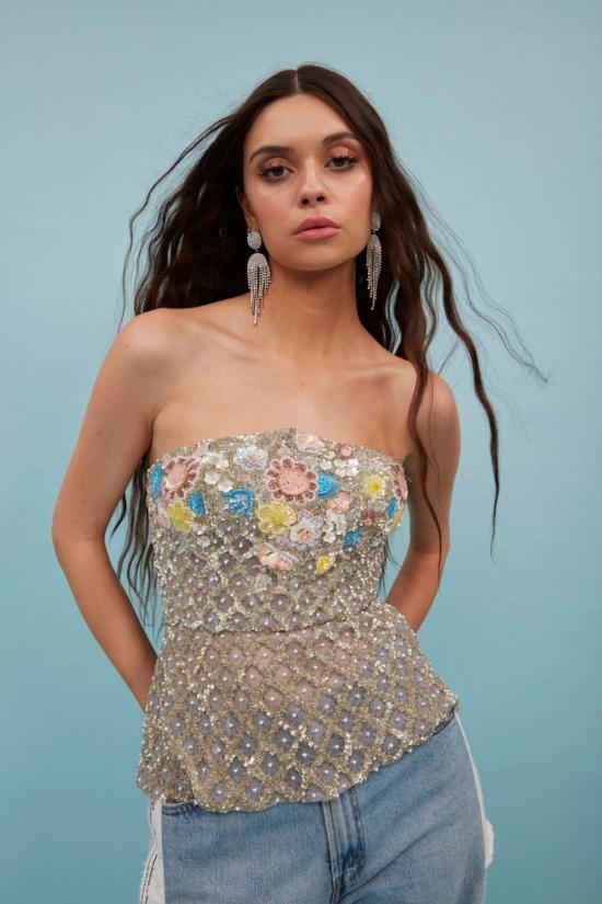  LA FUORI 민소매 티셔츠 La Fuori Flora 스팽글 탑 그레이