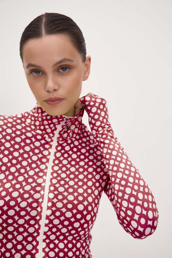  모노수트 숏 스커트 모노슈트 세트 레드 롱슬리브 터틀넥 풀 바디수트 & 티니 타이니 스커트 - MONOSUIT