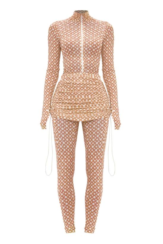  모노수트 숏 스커트 모노슈트 세트 베이지색 긴팔 터틀넥 풀 바디수트 & 티니 타이니 스커트 - MONOSUIT