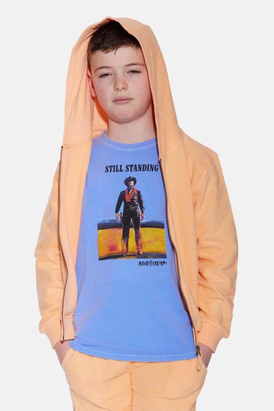  [키즈] 블루&크림 풀오버 키즈  지퍼 후드 티셔츠 복숭아