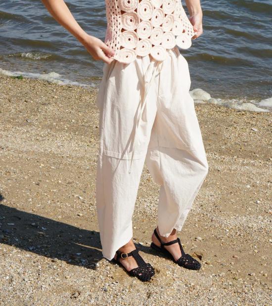  PROCHE 스트레이트 팬츠 Proche Annie 풀온 타이 코튼  아이보리