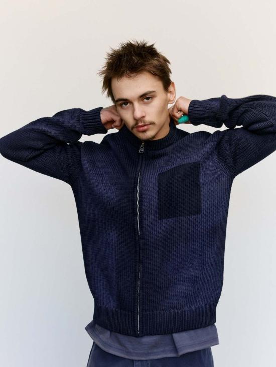  JW앤더슨 가디건 JW 앤더슨 네이비 워시드 지퍼 프런트 니트 카디건