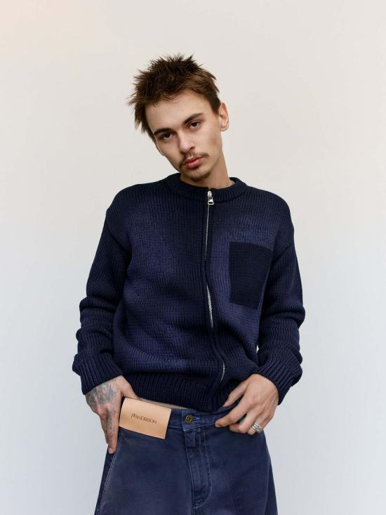  JW앤더슨 가디건 JW 앤더슨 네이비 워시드 지퍼 프런트 니트 카디건 - JW ANDERSON