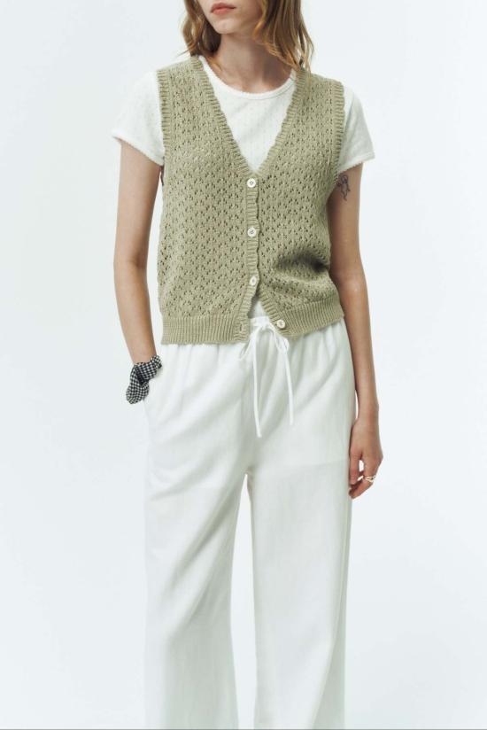  던스트 베스트 크로셰 오픈 니트 조끼 세이지 그린 - DUNST