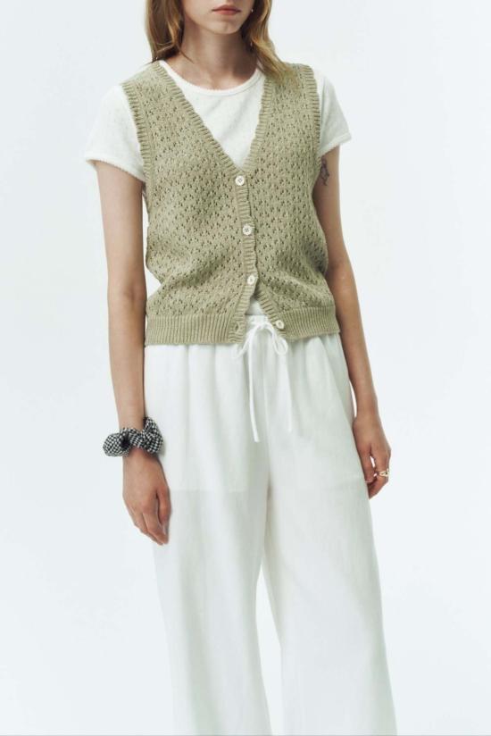  던스트 베스트 크로셰 오픈 니트 조끼 세이지 그린 - DUNST