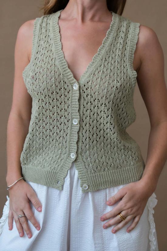  던스트 베스트 크로셰 오픈 니트 조끼 세이지 그린