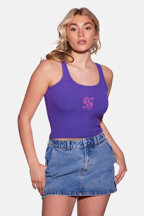  블루&크림 민소매 티셔츠 로고 탱크 퍼플