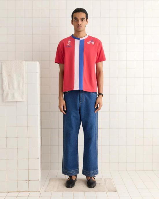  보디 반팔 티셔츠 보드 레이싱 스트라이프 티 카디엄 레드 - BODE