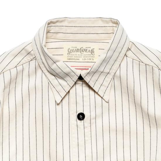  슈가케인 긴팔 셔츠 사탕수수 소설 로맨스 작업  화이트 와바시 스트라이프 - SUGAR CANE