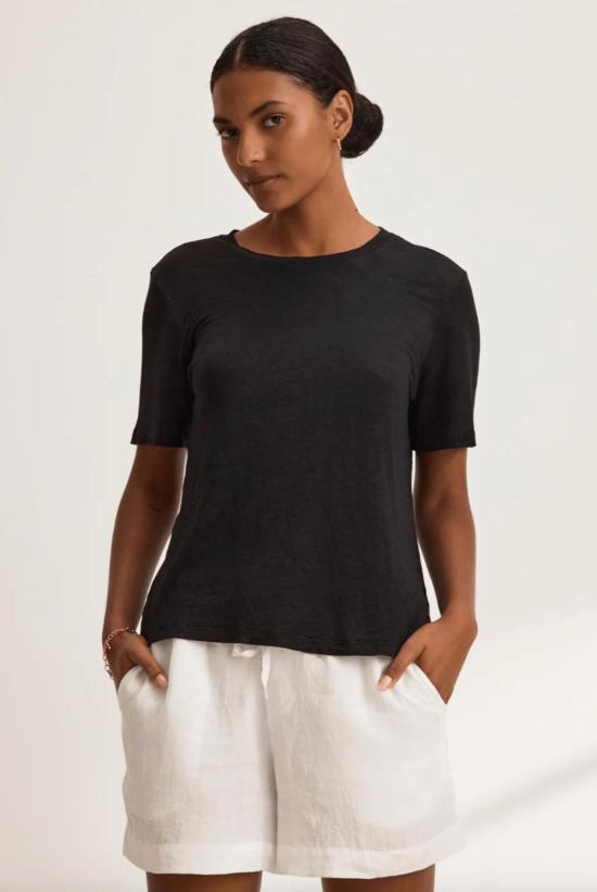  벨벳 반팔 티셔츠 헤리티지 리넨 니트 티셔츠 블랙 - VELVET