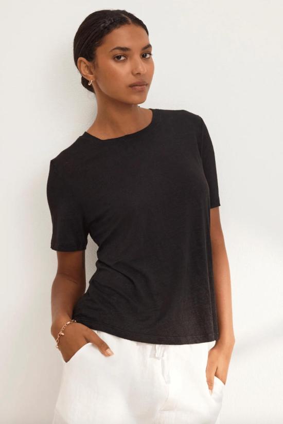  벨벳 반팔 티셔츠 헤리티지 리넨 니트 티셔츠 블랙