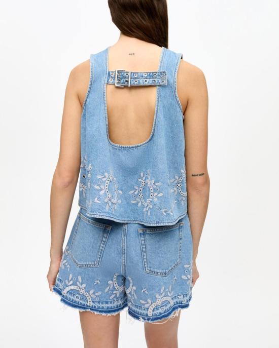  가니 데님 숏팬츠 Ganni Broderie Anglaise 데님 반바지 라이트 블루 스톤 - GANNI